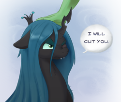 Size: 750x634 | Tagged: safe, artist:adequality, artist:jalm, character:queen chrysalis, oc, oc:anon, species:changeling, species:human, species:pony, dialogue, hand, human on pony petting, nose wrinkle, one eye closed, petting, solo focus