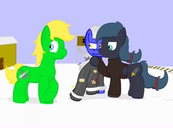 Size: 1280x949 | Tagged: safe, artist:minty candy, oc, oc only, oc:night strike, oc:static charge, species:earth pony, species:pegasus, species:pony, fallout equestria, broken, clothing, damaged, fallout equestria: empty quiver, fraud, indoors, liar, sparks, stealth suit, story, wires