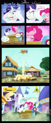 Size: 2900x7000 | Tagged: safe, artist:poecillia-gracilis19, character:pinkie pie, character:rarity, species:earth pony, species:pony, species:unicorn, absurd resolution, canterlot, carriage, comic, dialogue, eyes closed, party cannon, pinkie logic, ponyville, smiling, speech bubble, wagon