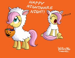 Size: 1024x800 | Tagged: safe, artist:willisninety-six, character:fluttershy, species:sheep, candy, costume, cute, fluttersheep, food, lamb, mouth hold, pumpkin bucket, shyabetes, yawn
