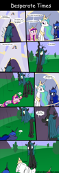 Size: 800x2338 | Tagged: safe, artist:loceri, character:princess cadance, character:princess celestia, character:princess luna, character:queen chrysalis, species:alicorn, species:changeling, species:pony, episode:slice of life, g4, my little pony: friendship is magic, alicorn triarchy, balcony, betrayal, canterlot, changeling queen, comic, coward, crown, defenestration, dialogue, fake celestia, falling, female, mare, seems legit, siege, surrender, toilet, uselesstia