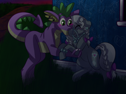Size: 2732x2048 | Tagged: safe, artist:percy-mcmurphy, character:silver spoon, character:spike, species:dragon, species:pony, blushing, bracelet, building, crack shipping, ear piercing, earring, eyes closed, female, graffiti, grass, jewelry, kissing, male, older, older silver spoon, older spike, path, piercing, shipping, silverspike, straight, sunset