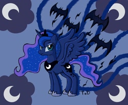 Size: 1808x1488 | Tagged: safe, artist:quarium, character:princess luna, species:alicorn, species:bat, species:pony, g4, abstract background, cutie mark, cutie mark background, eyebrows, female, looking at you, mare, solo, spread wings, wings