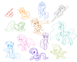 Size: 1000x804 | Tagged: safe, artist:naroclie, character:applejack, character:derpy hooves, character:dj pon-3, character:fluttershy, character:pinkie pie, character:princess celestia, character:rainbow dash, character:rarity, character:scootaloo, character:spike, character:twilight sparkle, character:vinyl scratch, species:alicorn, species:dragon, species:earth pony, species:pegasus, species:pony, species:unicorn, clothing, female, hat, male, mane seven, mane six, mare, simple background, white background