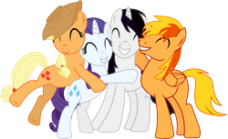 Size: 6253x3816 | Tagged: safe, artist:barrfind, character:applejack, character:rarity, oc, oc:barrfind, oc:brave wing, species:earth pony, species:pony, species:unicorn, absurd resolution, canon x oc, eyes closed, female, hug, male, rarifind, shipping, simple background, smiling, straight, transparent background, vector