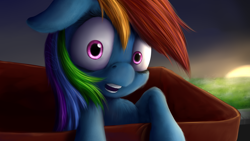 Size: 4184x2354 | Tagged: safe, artist:xormak, character:rainbow dash, species:pony, fanfic:my little dashie, absurd resolution, box, cute, dashabetes, female, filly, filly rainbow dash, floppy ears, fluffy, open mouth, pony in a box, solo, sunset, surprised, uncanny valley