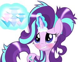 Size: 2928x2346 | Tagged: safe, artist:lovehtf421, character:starlight glimmer, blushing, diamond, female, gem, high res, lip bite, magic, messy mane, simple background, solo, white background