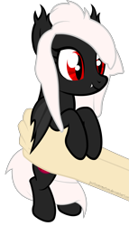 Size: 4571x8000 | Tagged: source needed, safe, artist:justisanimation, oc, oc only, oc:midnight ruby, species:bat pony, species:pony, absurd resolution, cute, holding a pony, red and black oc, red eyes