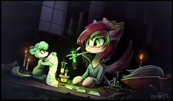 Size: 1336x782 | Tagged: safe, artist:ramiras, oc, oc only, oc:gadget, oc:precious metal, species:pegasus, species:pony, book, bow, candle, commission, duo, experiment, female, goggles, hair bow, mare, mouth hold, paper, potion