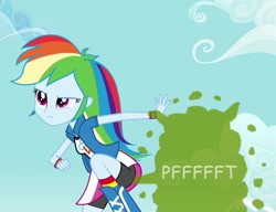 Size: 469x360 | Tagged: safe, artist:thedarkpony, edit, edited screencap, screencap, character:rainbow dash, my little pony:equestria girls, boots, bracelet, clothing, compression shorts, fart, fart cloud, fart edit, fart noise, female, jewelry, onomatopoeia, shorts, skirt, socks, solo, sound effects, wristband