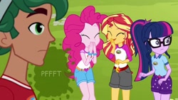 Size: 804x455 | Tagged: safe, artist:thedarkpony, edit, edited screencap, screencap, character:pinkie pie, character:sunset shimmer, character:timber spruce, character:twilight sparkle, character:twilight sparkle (scitwi), species:eqg human, my little pony:equestria girls, bracelet, camp everfree outfits, clothing, fart, fart cloud, fart edit, female, jewelry, shorts, sun