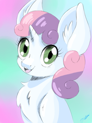 Size: 1200x1600 | Tagged: safe, artist:faline-art, character:sweetie belle, species:pony, species:unicorn, bust, chest fluff, female, filly, portrait, smiling, solo