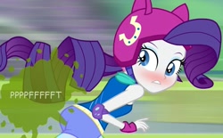 Size: 907x562 | Tagged: safe, artist:thedarkpony, edit, edited screencap, screencap, character:rarity, equestria girls:friendship games, g4, my little pony: equestria girls, my little pony:equestria girls, ass, blushing, fart, fart edit, fart noise, female, onomatopoeia, rearity, solo, sound effects
