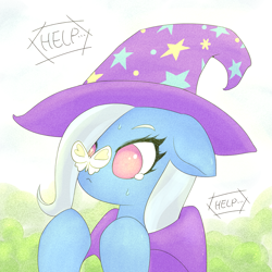 Size: 1791x1791 | Tagged: safe, artist:sigpi, character:trixie, species:pony, species:unicorn, :<, adorable distress, bust, butterfly, butterfly on nose, cape, clothing, crying, cute, dialogue, diatrixes, female, floppy ears, hat, heart, help, insect on nose, mare, nervous, portrait, scared, soft color, solo, speech bubble, sweat, trixie's cape, trixie's hat