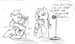 Size: 800x469 | Tagged: safe, artist:elosande, character:rainbow dash, character:rarity, species:pegasus, species:pony, species:unicorn, disapproval, duo, duo female, female, guitar, kneeling, mare, microphone, monochrome
