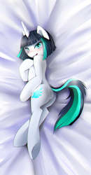 Size: 730x1400 | Tagged: safe, artist:skyeypony, oc, oc only, oc:dragonfire, species:pony, species:unicorn, blushing, body pillow, body pillow design, commission, fallout, fallout equestria: child of the stars, featureless crotch, female, looking at you, mare, plot, smiling, solo, ych result