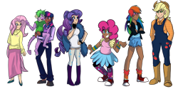 Size: 4000x2000 | Tagged: safe, artist:percy-mcmurphy, character:applejack, character:fluttershy, character:pinkie pie, character:rainbow dash, character:rarity, character:spike, character:twilight sparkle, species:anthro, species:dragon, species:human, boots, carrying, clothing, converse, cowboy hat, crossed arms, dark skin, denim, female, flats, group, hat, high heel boots, humanized, jacket, mane six, overalls, pantyhose, shoes, short, shorts, simple background, size difference, skirt, socks, stetson, striped socks, sweater, sweatershy, thigh highs, transparent background
