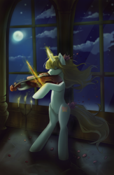 Size: 850x1300 | Tagged: safe, artist:skyeypony, oc, oc only, oc:crystal summer, species:pony, species:unicorn, bipedal, candle, cloud, commission, female, flower, flower in hair, flower petals, full moon, glowing horn, magic, mare, moon, musical instrument, night, signature, smiling, solo, violin