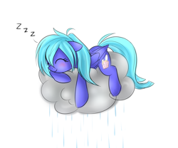 Size: 1600x1333 | Tagged: safe, artist:snowbunny0820, oc, oc only, oc:snowbunny, species:pegasus, species:pony, blushing, cloud, cutie mark, eyes closed, female, floppy ears, hooves, lying on a cloud, mare, on a cloud, prone, rain, simple background, sleeping, smiling, solo, white background, wings, zzz