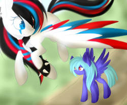 Size: 1600x1333 | Tagged: safe, artist:snowbunny0820, oc, oc only, oc:huirou lazuli, oc:snowbunny, species:pegasus, species:pony, colored wings, female, flying, heterochromia, mare, multicolored wings, spiked wristband, wristband