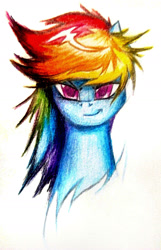 Size: 988x1536 | Tagged: safe, artist:thatonegib, character:rainbow dash, bust, colored pencil drawing, confident, female, looking at you, portrait, simple background, smiling, solo, traditional art, white background