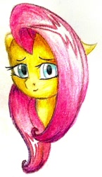 Size: 758x1306 | Tagged: safe, artist:thatonegib, character:fluttershy, colored pencil drawing, cute, female, floppy ears, looking at you, simple background, smiling, solo, traditional art, white background