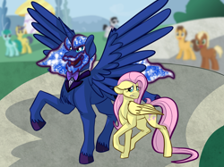 Size: 2732x2048 | Tagged: safe, artist:percy-mcmurphy, character:caramel, character:comet tail, character:fluttershy, character:meadow song, character:princess luna, character:spring melody, character:sprinkle medley, ship:lunashy, beard, facial hair, female, lesbian, male, nervous, rule 63, shipping, story included, transformation, transgender transformation