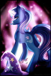 Size: 2292x3387 | Tagged: safe, artist:kurochhi, character:trixie, species:pony, species:unicorn, clothing, female, glowing horn, hat, looking at you, looking back, magic, mare, rear view, smiling, trixie's hat