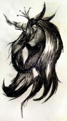 Size: 882x1578 | Tagged: safe, artist:thatonegib, character:queen chrysalis, species:changeling, bust, evil grin, female, grin, looking at you, monochrome, pencil drawing, portrait, profile, simple background, smiling, solo, traditional art, white background