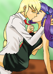 Size: 500x707 | Tagged: safe, artist:eulicious, character:applejack, character:rarity, species:human, ship:rarijack, clothing, dress, eyes closed, female, humanized, kissing, lesbian, necktie, ring, shipping, suit, wedding ring