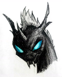 Size: 1024x1268 | Tagged: safe, artist:thatonegib, species:changeling, angry, bust, colored pencil drawing, fangs, frown, grumpy, looking at you, monochrome, partial color, portrait, simple background, solo, traditional art, unamused, white background