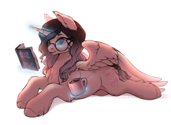 Size: 1518x1109 | Tagged: safe, artist:kerydarling, oc, oc only, species:alicorn, species:pony, alicorn oc, book, chest fluff, coffee, commission, fluffy, glasses, lying down, magic, prone, reading, solo, spread wings, unshorn fetlocks, wings
