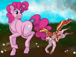 Size: 2732x2048 | Tagged: safe, artist:percy-mcmurphy, character:pinkie pie, oc, oc:swifty scuffles, parent:braeburn, parent:pinkie pie, parents:braepie, species:earth pony, species:pony, female, filly, high res, mare, mother and daughter, mud, offspring, pigtails, walking