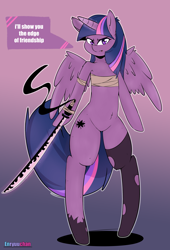 Size: 3000x4400 | Tagged: safe, artist:enryuuchan, character:twilight sparkle, character:twilight sparkle (alicorn), species:alicorn, species:pony, absurd resolution, angry, bandeau, belly button, bipedal, clothing, dialogue, female, katana, looking at you, magic, semi-anthro, solo, stockings, sword, thigh highs, weapon