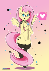 Size: 3100x4500 | Tagged: safe, artist:enryuuchan, character:fluttershy, species:pony, absurd resolution, bipedal, clothing, dialogue, female, jewelry, looking at you, love, necklace, scepter, semi-anthro, smiling, solo, stockings, thigh highs