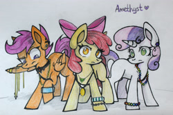 Size: 5184x3456 | Tagged: safe, artist:amy-gamy, character:apple bloom, character:scootaloo, character:sweetie belle, species:pegasus, species:pony, absurd resolution, blank flank, confused, cutie mark crusaders, jewelry, looking at you, medallion, necklace, standing, traditional art, trio, wristband