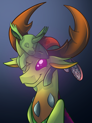 Size: 2048x2732 | Tagged: safe, artist:percy-mcmurphy, character:thorax, oc, oc:apex, species:changeling, species:reformed changeling, changedling oc, changeling oc, commission, cute, duo, eyes closed, fanfic, fanfic art, floppy ears, glowing eyes, looking up, nymph, one eye closed, papa thorax, pony hat, sleeping, smiling, snuggling, thorabetes