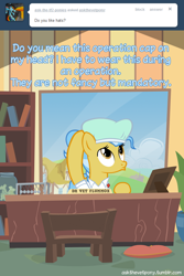 Size: 600x899 | Tagged: safe, artist:adiwan, character:doctor fauna, species:earth pony, species:pony, ask, ask the vet pony, cap, clothing, desk, female, hat, mare, sitting, solo