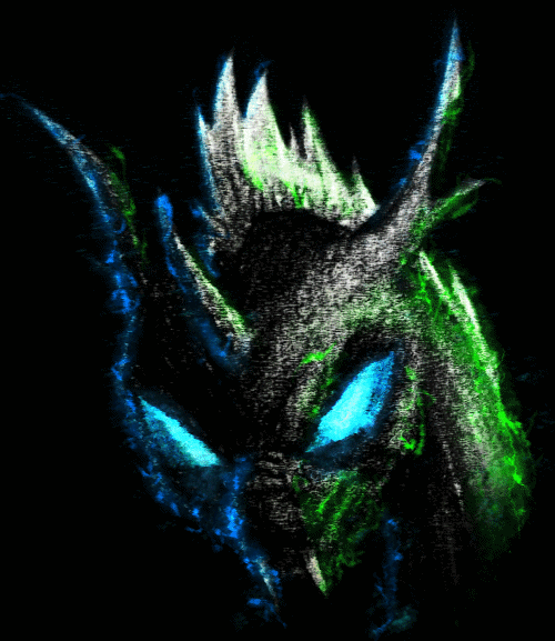 Size: 500x577 | Tagged: safe, artist:thatonegib, derpibooru original, species:changeling, angry, animated, black background, bust, frown, gif, glowing eyes, looking at something, magic, mixed media, paint tool sai, portrait, simple background, solo