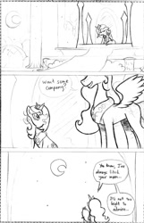 Size: 516x800 | Tagged: source needed, safe, artist:elosande, character:princess celestia, character:princess luna, species:alicorn, species:pony, comic, duo, duo female, female, good end, mare, monochrome, night, s1 luna, sisters, sitting