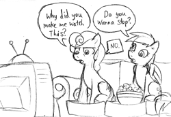 Size: 1000x686 | Tagged: safe, artist:elosande, character:carrot top, character:derpy hooves, character:golden harvest, species:pegasus, species:pony, couch, female, mare, monochrome, television