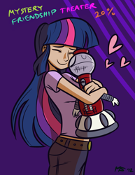Size: 1041x1347 | Tagged: safe, artist:ashesg, artist:megasweet, character:twilight sparkle, species:human, abstract background, crossover, female, heart, hug, humanized, mystery science theater 3000, smiling, tom servo