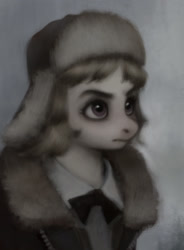 Size: 1299x1763 | Tagged: safe, artist:exclusionzone, character:march gustysnows, species:earth pony, species:pony, bust, clothing, female, hat, jacket, looking up, portrait, shirt, solo, ushanka
