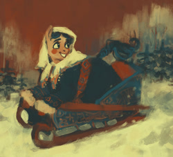 Size: 758x687 | Tagged: safe, artist:exclusionzone, oc, oc only, clothing, coat, headscarf, limited palette, looking away, looking back, looking up, scarf, sledge, sleigh, smiling, snow, tabun art-battle