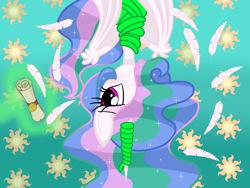 Size: 4128x3096 | Tagged: safe, artist:lovehtf421, character:princess celestia, species:alicorn, species:pony, absurd resolution, bondage, cutie mark background, female, mare, scroll, suspended, tied up, upside down