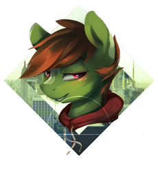 Size: 1596x1735 | Tagged: safe, artist:tangomangoes, oc, oc only, oc:olive hue, species:pony, city, clothing, hoodie, icon, male, smiling, solo, stallion, sweater