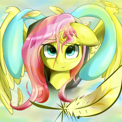 Size: 5000x5000 | Tagged: safe, artist:posionjoke, character:fluttershy, species:pegasus, species:pony, absurd resolution, bunny ears, bust, clothing, costume, dangerous mission outfit, feather, female, goggles, head, hoodie, looking at you, mare, portrait, solo, stray strand, wings