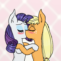 Size: 350x350 | Tagged: safe, artist:eulicious, character:applejack, character:rarity, ship:rarijack, abstract background, blushing, female, kissing, lesbian, shipping