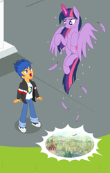 Size: 1288x2030 | Tagged: safe, artist:bbbhuey, character:flash sentry, character:twilight sparkle, character:twilight sparkle (alicorn), species:alicorn, species:pony, ship:flashlight, my little pony:equestria girls, chest fluff, female, human flash sentry x pony twilight, interspecies, male, portal, portal to equestria, rift, shipping, straight