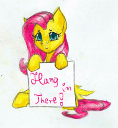 Size: 2481x2699 | Tagged: safe, artist:thatonegib, derpibooru original, character:fluttershy, species:pony, cute, female, holding sign, looking at you, simple background, sitting, solo, traditional art, white background